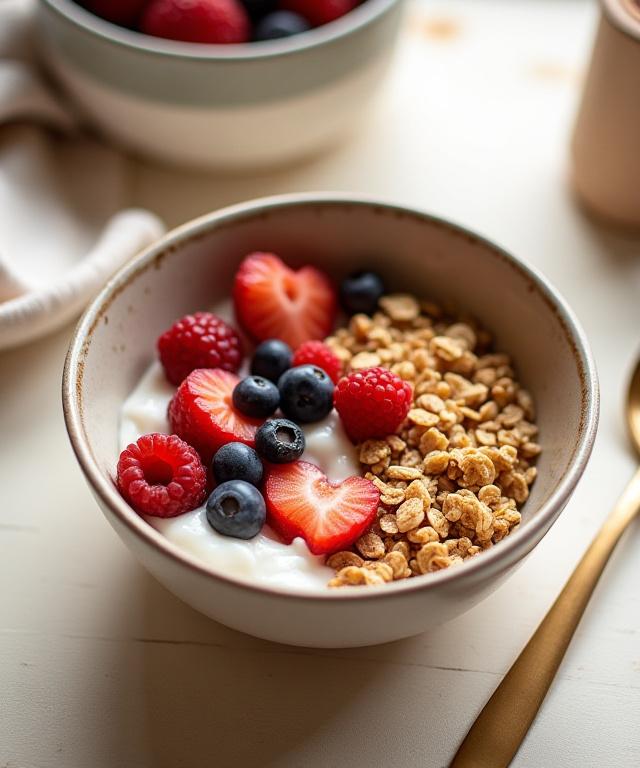 Handgefertigte Keramikschale gefüllt mit Müsli, im Einsatz auf einem Holztisch