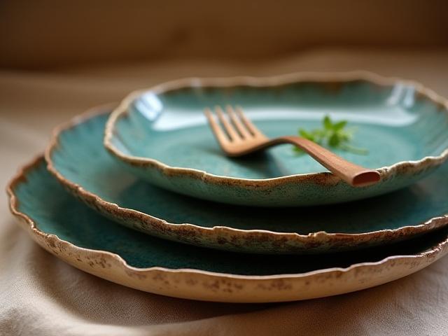 Set aus handgefertigten Keramiktellern mit rustikalem Charme und individuellem Muster