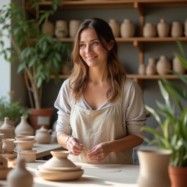Porträt des Keramikkünstlers in einem hellen, aufgeräumten Atelier, umgeben von Keramikstücken.